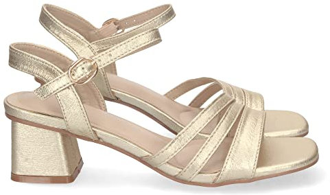 shoes&blues.es 74075 Sandalia de Tacon para Mujer, Comoda, Triple Pala Fina, Estampado Brillante, y Cierre de Hebilla en el Tobillo Oro Talla 40
