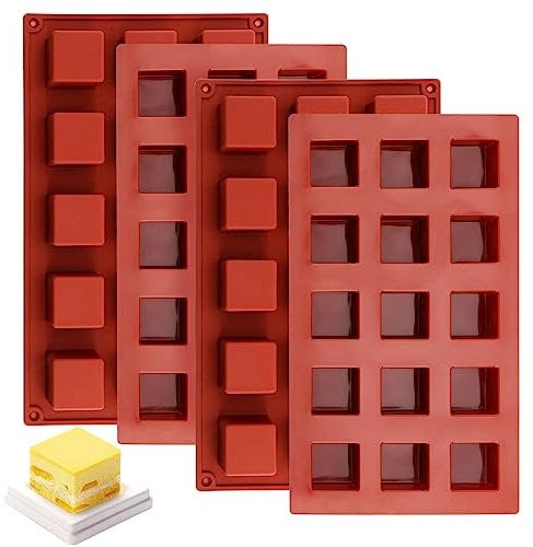 SINJEUN 4 Pack Silicone Brownie Baking Tin, Brick Red Silicone Brownie Mould with 15 Grids Square Silicone Baking Mould for Ice Cubes, Chocolates and Biscuits