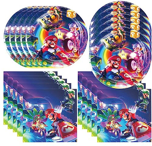 Fuyhiuous Lot de 40 fournitures de fête d'anniversaire Mario Move comprenant 20 assiettes, 20 serviettes pour la décoration de fête Mario Move