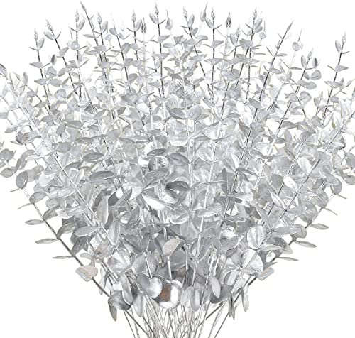 FEQO 72 Stück silberne Eukalyptus-Stiele, künstliche Blätter, künstliche Eukalyptusstiele, Zweige, 38,1 cm, für Hochzeitsstrauß, Heimdekoration