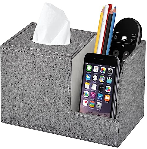 Square Tissue Box Cover with Storage - Stylish PU Leather Cube Tissue Box Holder with 2 Side Organizer, Decorative Tissue Box for Living Room Vanity Night Stand Table Countertop Office,Grey