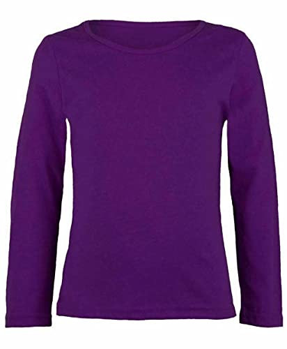 Generation-Plus+® Girls Boy Kids Plain Basic Long Sleeve Round Neck T-Shirt Stretch Uniform PE School Tee Top (Purple, 9-10 Years)