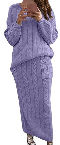 ORANDESIGNE Donna Vestito Maglione a Maglia Abito Set 2 Pezzi Invernali Maglione a Collo Rotondo e Gonna Lunga a Matita in Maglia Elegante Vestito Aderente A Viola Chiaro XL