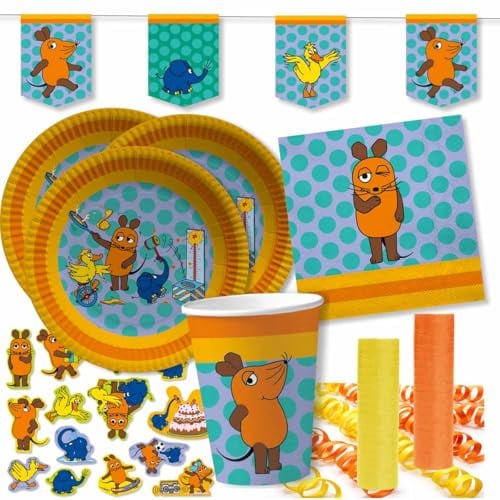 Partyset „Die Maus“ – Komplettset für 10 Kinder | Teller, Becher, Servietten, Luftschlangen & XL-Konfetti | Kindergeburtstag Deko-Set