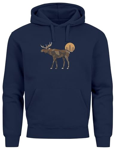 Neverless® Hoodie Herren mit Aufdruck Polygon Elch Outdoor Motive Wandern Natur Wald Fashion Navy M