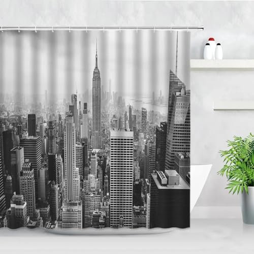 Noir Blanc New York City Paysage Rideaux de Douche Ensemble 3D Bâtiment décor à la Maison Nordique Polyester Salle de Bain écran de Bain 3D Rideau De Douche 205x240 cm/WxL
