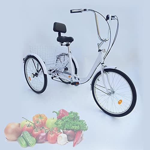 Brride 24 Zoll Dreirad für Erwachsene 6 Gänge Cruise Cityräder mit Einkaufskorb bis 20kg, fahrradpolster Sattel Rückenlehne Tricycle 3 Rad Erwachsene City Fahrrad