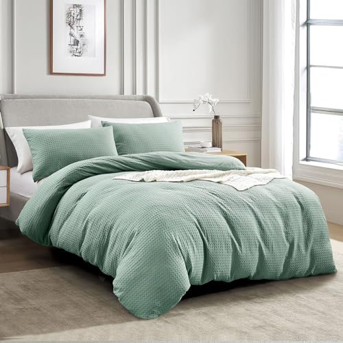 KASYLAN Breathable Duvet Cover Set with Zipper Closure - Waffle Dobby Weave Texture Duvet Sets, Modern Boho Duvet Cover & Pillow case, All Season Microfiber Bedding Quilt Cover Set (Double, Green)