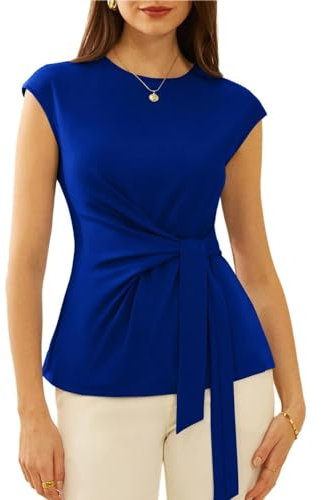 GRACE KARIN Damen Kurz Flügelärmel Bluse Taillen Wickelbluse Einfarbige Basic Top Freizeit Sommer Oberteile Summer Vacation Königblau M