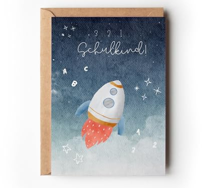 Glückwunschkarte Einschulung Junge Rakete, Aquarell Weltraum Grußkarte Schulanfang, 3 2 1 Schulkind Klappkarte Schuleinführung, Karte 1.Schultag Mädchen mit Umschlag (1 Karte mit Umschlag)