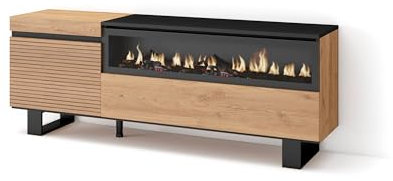 Skraut Home | Mueble TV | Televisión | Muebles de salón, almacenaje | 150x57x35cm | para TV hasta 65 | Chimenea eléctrica | Diseño Industrial | Estilo Moderno | Roble