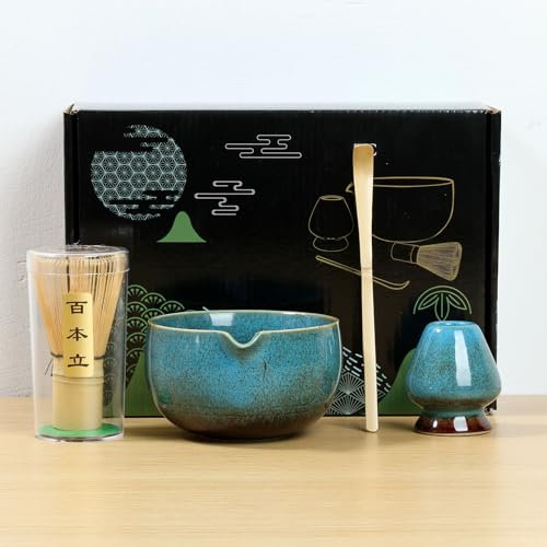 4Pcs Matcha Whisk Set Matcha Bowl Set Elegant Japanese Matcha Tea Set Includes 500ml Ceramic Matcha Bowl, Bamboo Matcha Whisk, Whisk Holder, Scoop Matcha Making Kit for Tea Lovers(Blue