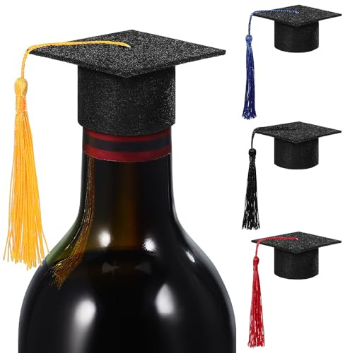 Zerodeko 4 Pcs Mini Graduation Cap Bottle Toppers with Tassels, Grad Hat Wine Glass Covers for Class of 2026 Party Decorations, Tiny Graduation Decorations for Cake and Beverage Bottles