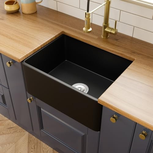 Lussena® 605 x 457mm Ceramic Belfast Kitchen Sink Sit-on Rectangular Matt Black Single Bowl 1.0 Basin Free Basket Strainer Waste