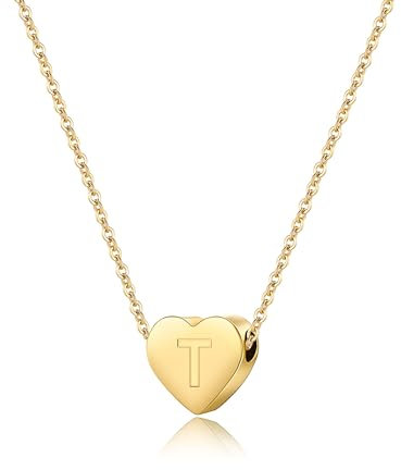 KENYG S925 Silver A-Z Capital Initial Heart Pendant Adjustable Necklaces for Women Girls Lady for Christmas Birthday Graduation Choker Gold Tiny Necklaces Fashion Jewellery (T)