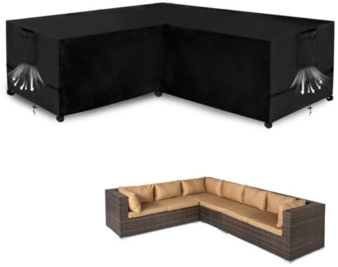 L Shaped Garden Furniture Covers, Outdoor Sofa Covers Waterproof, Heavy Duty Oxford Fabric, Windproof Anti-UV Rattan Corner Sofa Cover with Air Vent and Waterproof Tape (Black, 255x255x85x80cm)