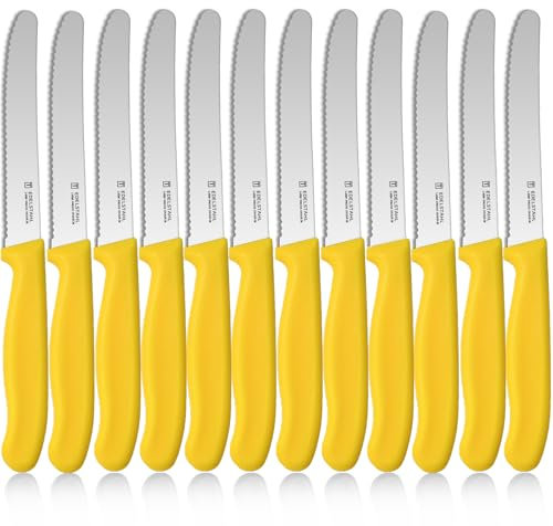 targzier Tafelmesser Set 12 Stück, Hochwertige Frühstücksmesser mit Wellenschliff,Gelb Tomatenmesser,Scharfe Messer für Brotzeit,Edelstahl Brotmesser,Anti-Rost Besteck Messer Set&Spülmaschinenfest