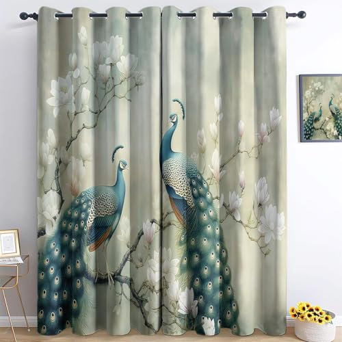 Verdunkelungsvorhänge H260 x B140cm (2er Pack) Orientalischer Tierpfau Schlafzimmer vorhänge Weiß Blau Sonnenschutzvorhänge Vorhang mit Ösen geeignet für Balkon Schlafzimmer Wohnzimmer