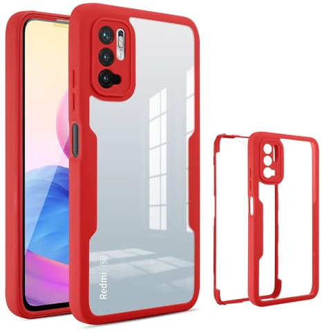 ILING Transparente Funda para Xiaomi Redmi Note 10 5G / Poco M3 Pro 5G, Moda Ultradelgado Antigolpes Carcasa con Protector de Pantalla Incorporado, Dura PC + Silicona TPU Bumper Cubierta (Rojo)