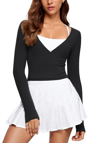 INGIA Womens V-Neck Long Sleeve Cross Wrap Top Slim Fit Soft Knit Layering Shirt Casual Yoga Gym Bandage Tie Tops Black Small