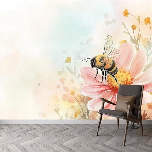Papier Peint Panoramique Fleurs À L'Aquarelle Peinte Murale, Aquarelle Plante Fleur Insectes Intissé Murale, 350 x 256 cm (L x H) Photo Murale pour Salon Chambre d'enfants Restaurant Décoration Murale