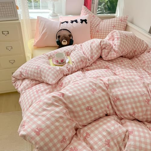 Bettwäsche 135x200 Rosa Kariert Schleifen Bettbezug + Kissenbezug 40x80 | Bettwäsche Set 2 Teilig, Mädchen, Kawaii, Rosa Weiß Karo, Pink Schleifen, Schleifenmuster, Weich, Microfaser, Reißverschluss