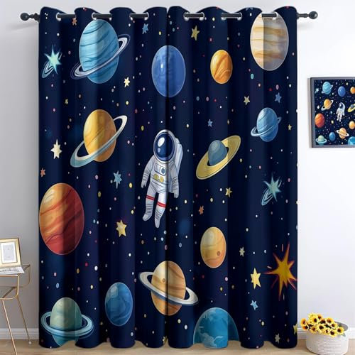 Verdunkelungsvorhänge 3D Cartoon Universum Astronaut Planet Ösen Vorhang 2Er Set H166 x B75 cm Verdunkelungsvorhang Blickdicht Fenstergardinen Kinderzimmer Schlafzimmer Wohnzimmer Thermovorha