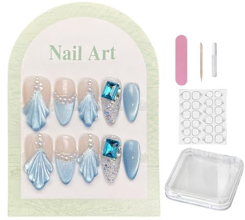 100% Handmade Press On Nails Medium Almond False Nails Acrylic, Stick on Nails Glitter Blue Mermaid Pearl Removable Glue-on Nails Women Girls Nail Art Accessories(Size M)