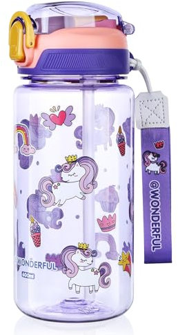 flintronic 600ML Gourde Enfant avec Paille, Bouteille d'eau Anti-fuite Réutilisable, Sans BPA Tritan, Avec poignée, pour Garçons, Filles, Ecole Maternelle (Violet)