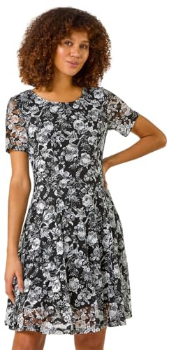 Roman Originals Rose Print Lace Stretch Dress for Women UK - Ladies Everyday Autumn Winter Scooped Neckline Comfy Soft Evening Vacation Work Party Night Out - Black - Size 18