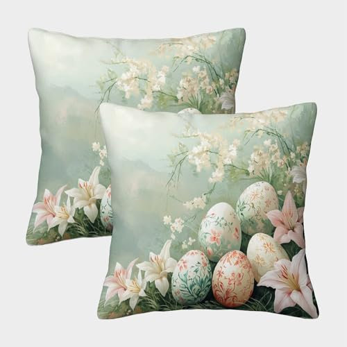 KWPGMDRY 2 Pack Spring Scenery Pillow Case 3D Beautiful Lilies Colored Egg Printed Cushion Box Suitable for Home Living Room Decoration Car Pillow Case 40x40cm