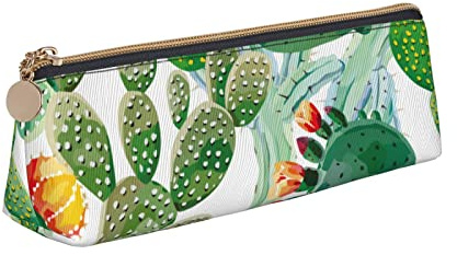 XVBCDFG Green Cactus Pencil Case for Girls Tropical Flower Triangle Pen Pouch Floral Pencil Holder Office Stationery Storage Bag Desk Organizer with Zipper