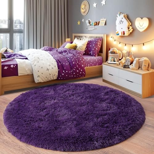 Chicnix Hochflor Teppich Rund 160 cm, Teppich Wohnzimmer Shaggy Langflor, Moderner Plüsch rutschfest Weich Flauschig Bettvorleger für Kinderzimmer Schlafzimmer, Traubenviolett
