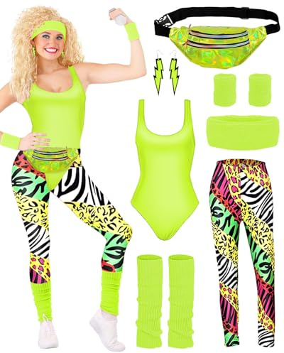 BIQIQI 80er Jahre Outfit Damen Set Retro Trainingsanzug Kostüm 80s 95s Kleidung Kostüm Accessoires Clothes Trikot, Leggings, Stirnband, Armbänder, Beinwärmer, Ohrringe, Gürteltasche