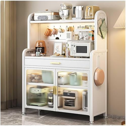 Estantería de 5 Niveles con Estante Ajustable, Puertas Dobles y cajón para microondas, Mueble Bar, Color Blanco, 147,5 x 80 cm
