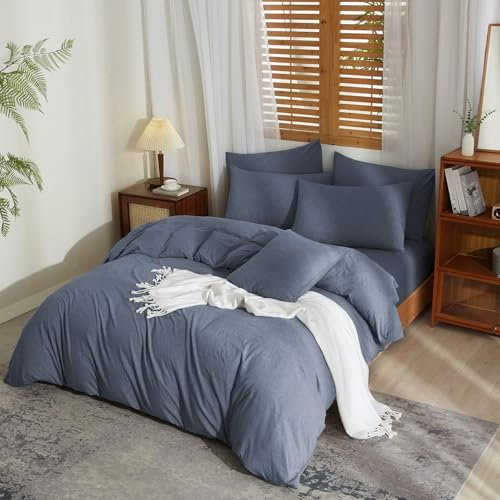 YASMENG Halbleinen Bettwäsche 135x200 Grau Blau Bettwäsche Leinen und Baumwolle Bettwäsche Modern Weich Atmungsaktiv Kuschelig Leinen Bettbezug Set 2teilig mit Reißverschluss und 80x80 cm Kissenbezug