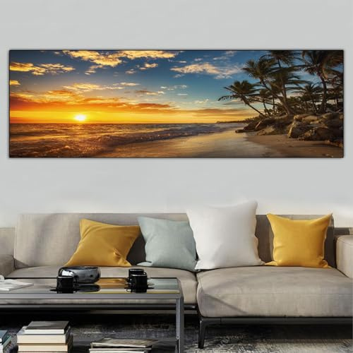 Leinwandbilder Berge Landschaft Natur,Moderne Panorama Bilder Groß XXL Schlafzimmer Wohnzimmer Wanddekoration Wandbild-Sonnenuntergang Meer Strand,Rahmenlos (D, 50x150cm, Ungerahmt)