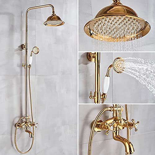Shower Faucet Sets, 8 Inch Rainfall Shower Head Set with Tub Spout, Double Cross Handles Wall Mounted Bathtub Faucet, Bath Shower Mixer Tap,Gold