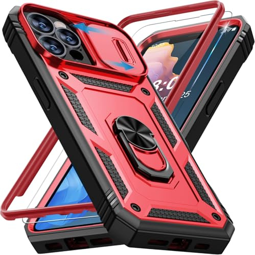 Giyer Handyhülle für iPhone 13 Pro Max Hülle mit Schutzfolie, Panzerhülle Case mit Kameraschutz 360° Metall Ring Ständer Stoßfest Bumper Schutzhülle für iPhone 13 Pro Max Cover Tache (Rot)
