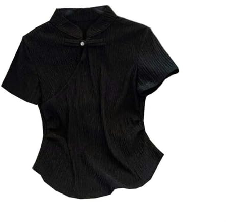 Nouveau style chinois col montant traditionnel oblique bouton manches courtes t-shirt femme couleur unie haut décontracté ourlet incurvé, Couleur 1, M