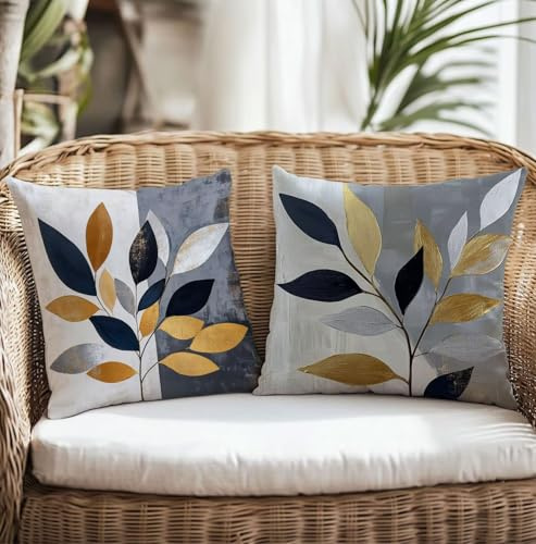 Blätter Kissenbezug 50x50cm, Outdoor Kissen Grau Outdoor Kissen Wetterfest, Sofakissen Modern Zierkissen, Pack of 2 Kissen für Draußen Wetterfest for Sofa, Living Room, Geschenke für Frauen TG-832
