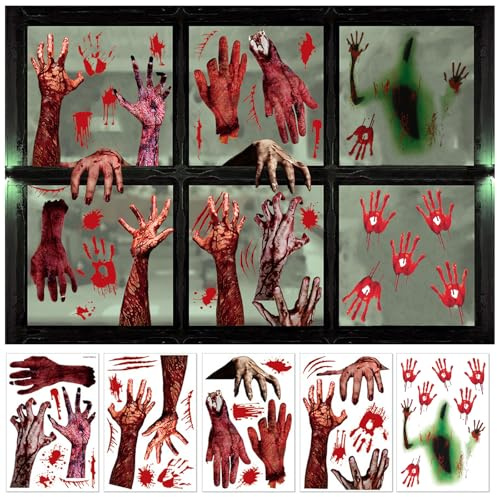 Pegatinas Halloween Ventana, Decoracion Puerta Halloween, Imágenes de Terror para Ventanas, Pegatinas Sangrientas, Calcomanías de Baño para Fiesta de Terror de Halloween Espeluznante, 5 Hojas