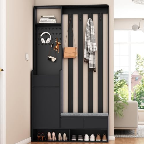 PUGSDRLY Meuble Entree,Porte Manteau avec Banc et Rangement Chaussure,4 Crochets,Tablette,3 Tiroirs,Vestiaire D'entrée,Vestiaire,pour Couloir,Chambre (A-Noir)