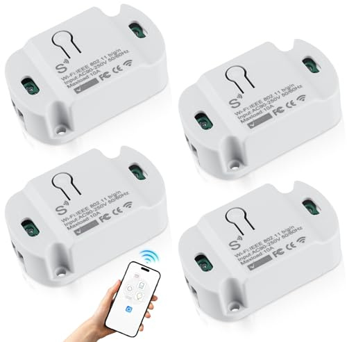 Tuya Smart Life - Interruttore della luce wireless, 4 pezzi da 10 A, interruttore WiFi senza fili, assistente fai da te, funziona con relè wireless con Alexa, Google
