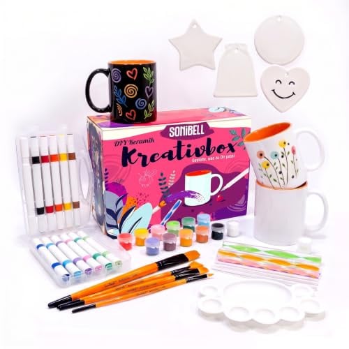 Sonibell® Keramik-Bemalset für Erwachsene mit 3 Tassen | Mehr als ein Standard-Set: 3 Tassen, 4 Keramik-Anhänger, Farben, Stifte, Pinsel und Mandala-Werkzeuge