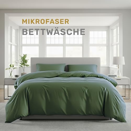 Lavea® Bettwäsche 220x240 cm, 4-teilig, 2 Bettbezüge 220x240 cm, 2 Kissenbezüge 80x80 cm, Mikrofaser, weich, atmungsaktiv, pflegeleicht, hypoallergen, Markenreißverschluss, Bettwäsche-Sets Olivgrün