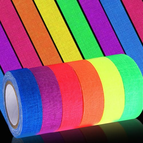 6 Rollen Neon Klebeband, 5m x 1,5cm Fluoreszierendes UV-Aktiv Tape | Leuchtklebeband, Schwarzlicht Klebeband, Wasserfest und Schreibbar Gaffa Tape Bunt für Neon Party,Handwerk,Geburtstag