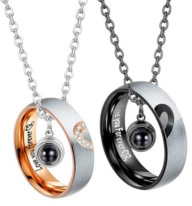 Par de collares con colgante de anillo para parejas, cadena personalizada con colgante de proyección, cadena de la amistad de acero inoxidable, anillos para parejas para él y ella, cadenas de pareja