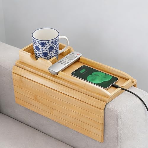 2-in-1 Sofa Arm Tray - Foldable Non-Slip Armrest Tray Table with Detachable Cup Holder, Sofa Armrest Tray for Drinks, Phone, Remote Control and Snacks (Bamboo)
