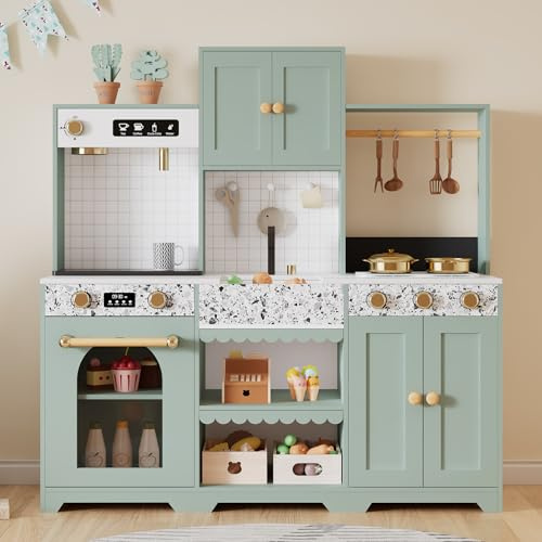 Merax Kinderküche aus Holz, Kinder-Spielküche mit Zubehör, Herd, Spüle, Drehknopf-Mikrowelle, Kaffeemaschine, Aufbewahrungsschränken, Moderne Koch Pretend-Spielset für Mädchen Jungen ab 3 Jahren, Grün